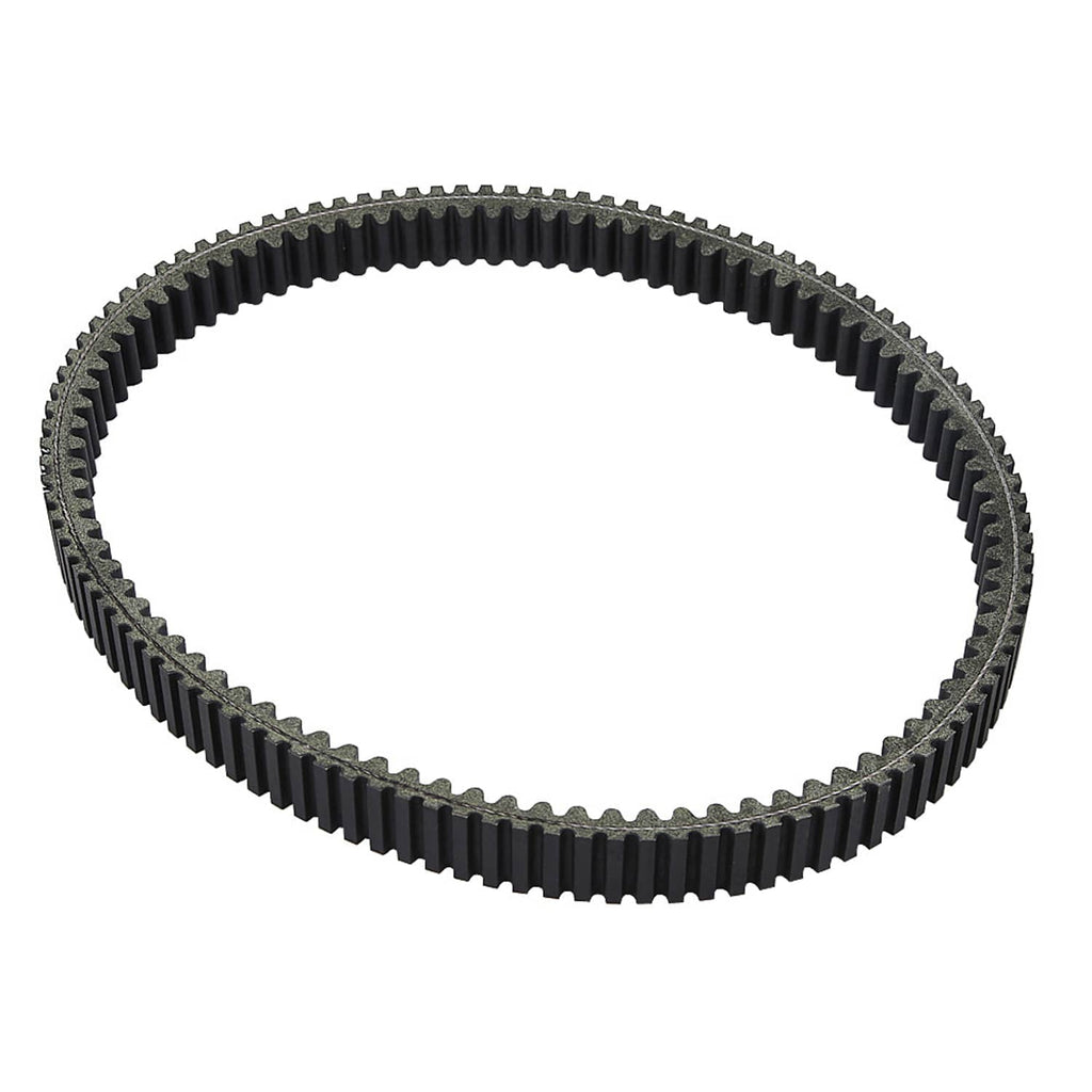 Black ribbed drive belt loop, close curved view with textured teeth