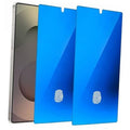 Two blue anti-spy tempered glass screen protectors with fingerprint cutouts