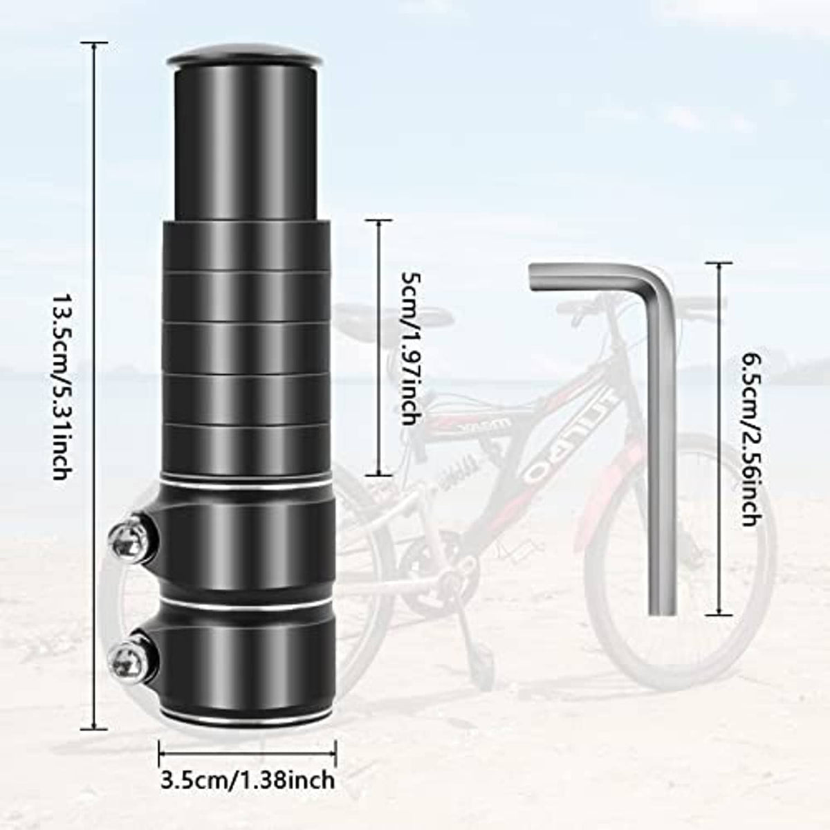 Black adjustable bike handlebar riser extender with height dimension labels