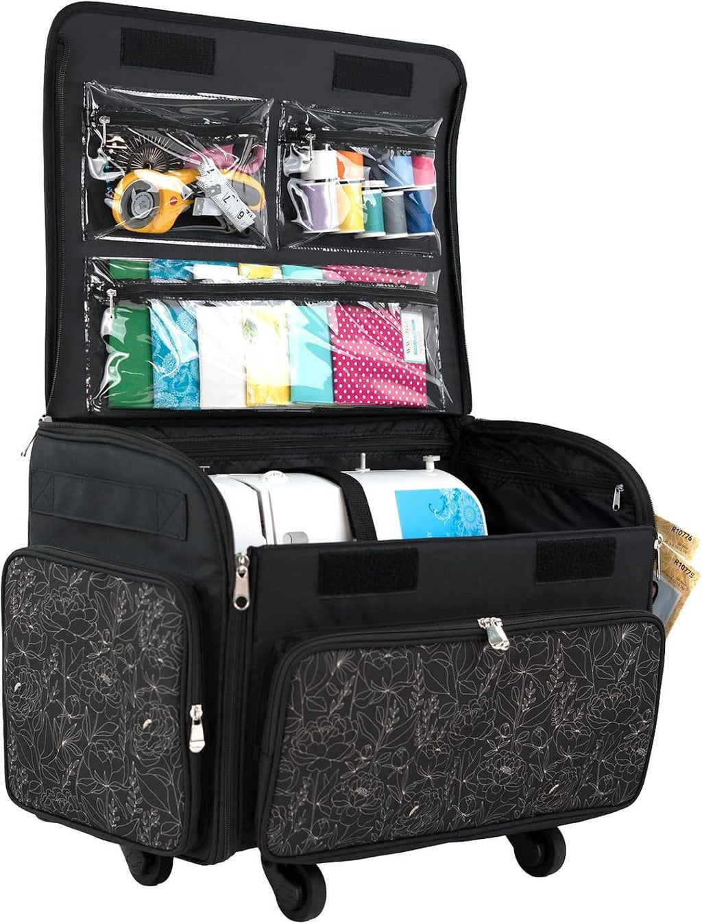 Rolling sewing machine storage case open, showing compartments and patterned front panels