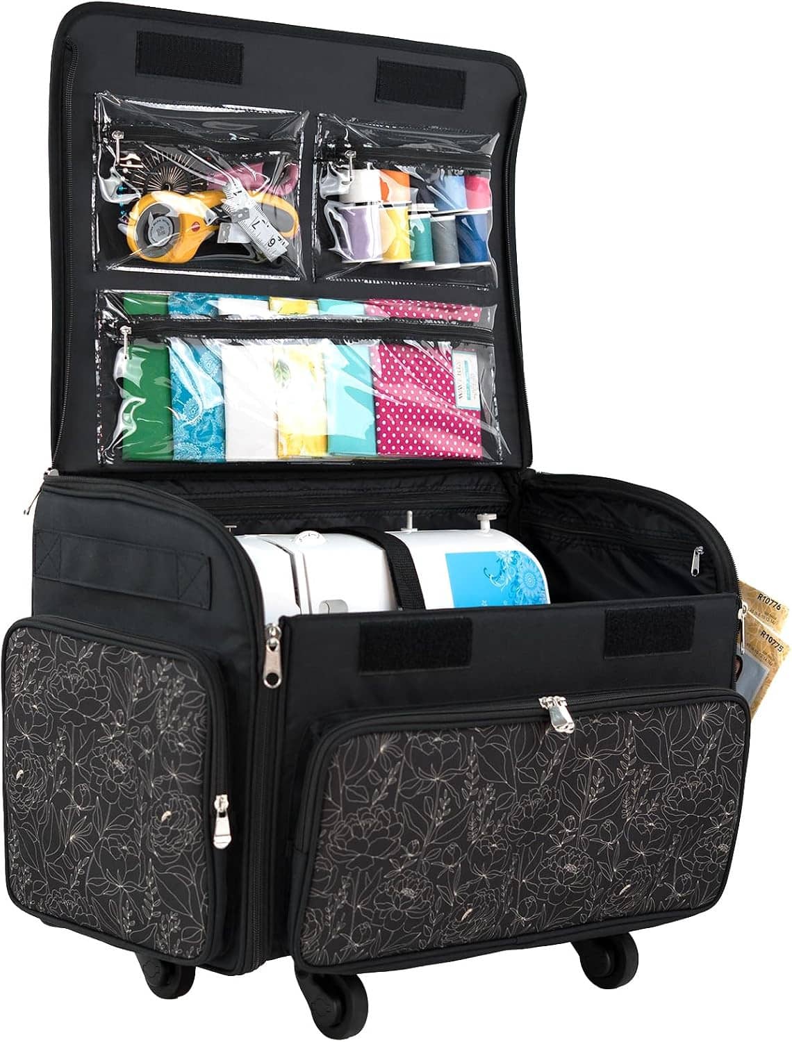 Rolling sewing machine storage case open, showing compartments and patterned front panels