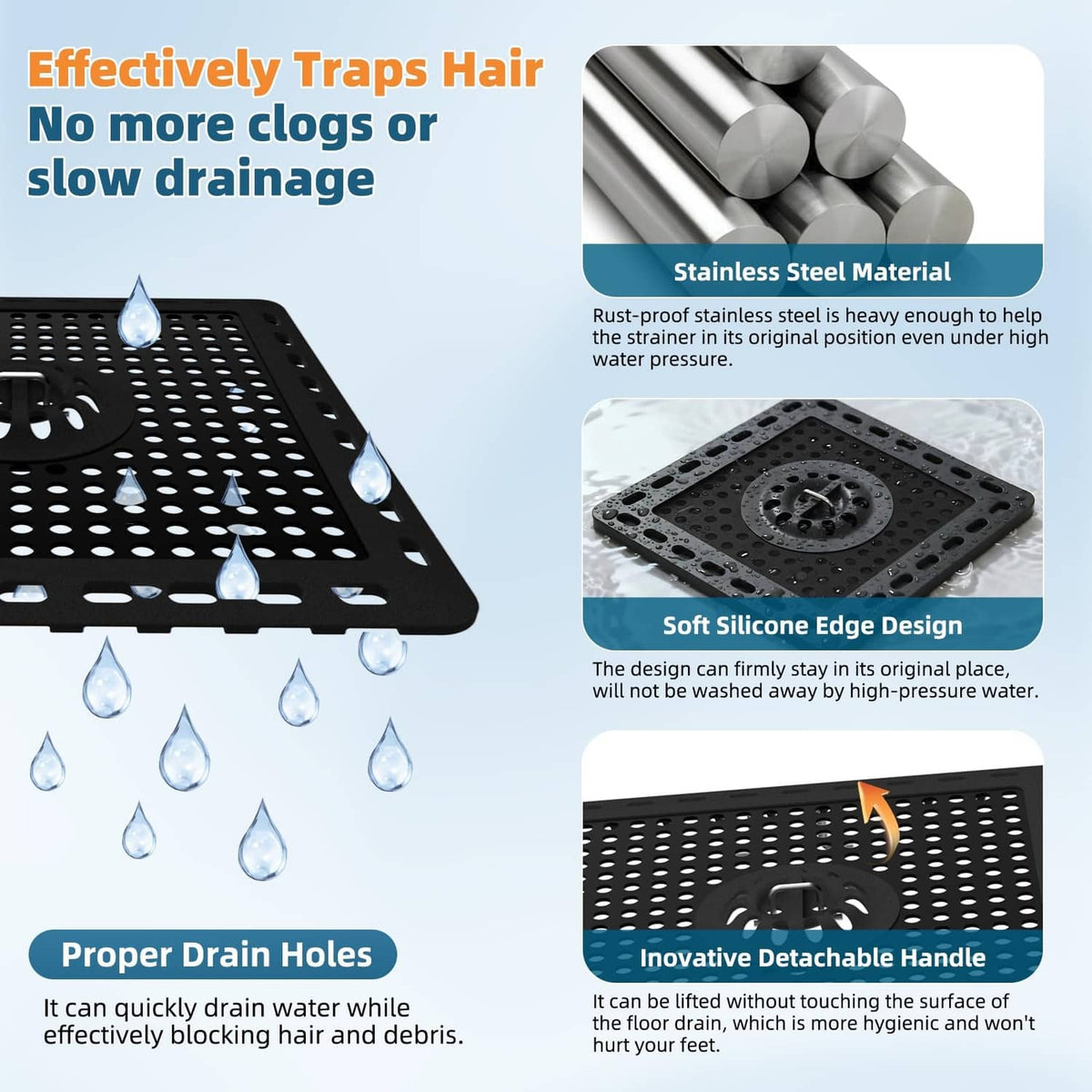 Matte black square shower drain hair catcher with perforated grid and circular strainer center