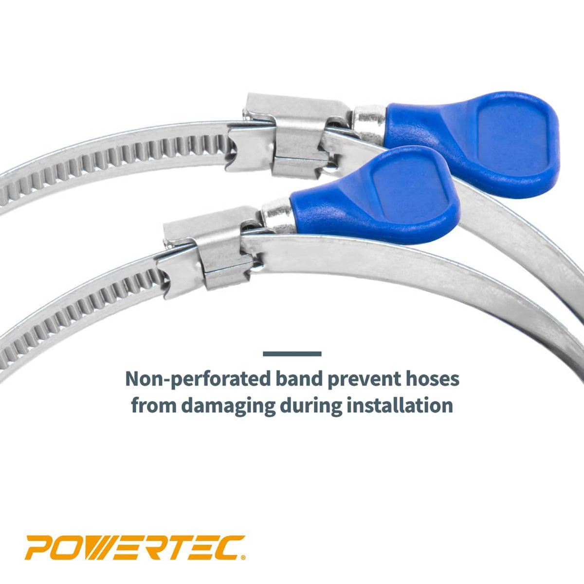 Two blue key hose clamps with non-perforated steel bands and locking lugs.