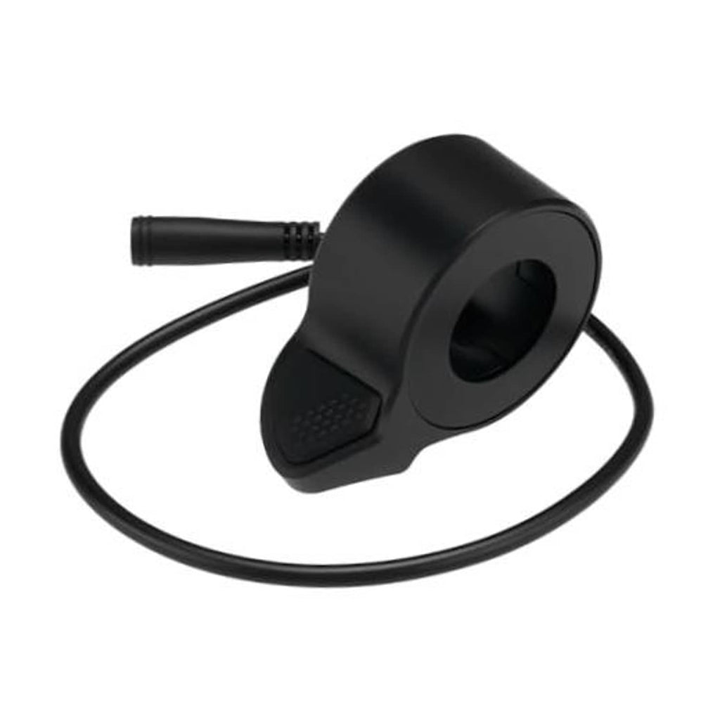 Black electric bike thumb throttle speed control with textured grip pad and wire cable