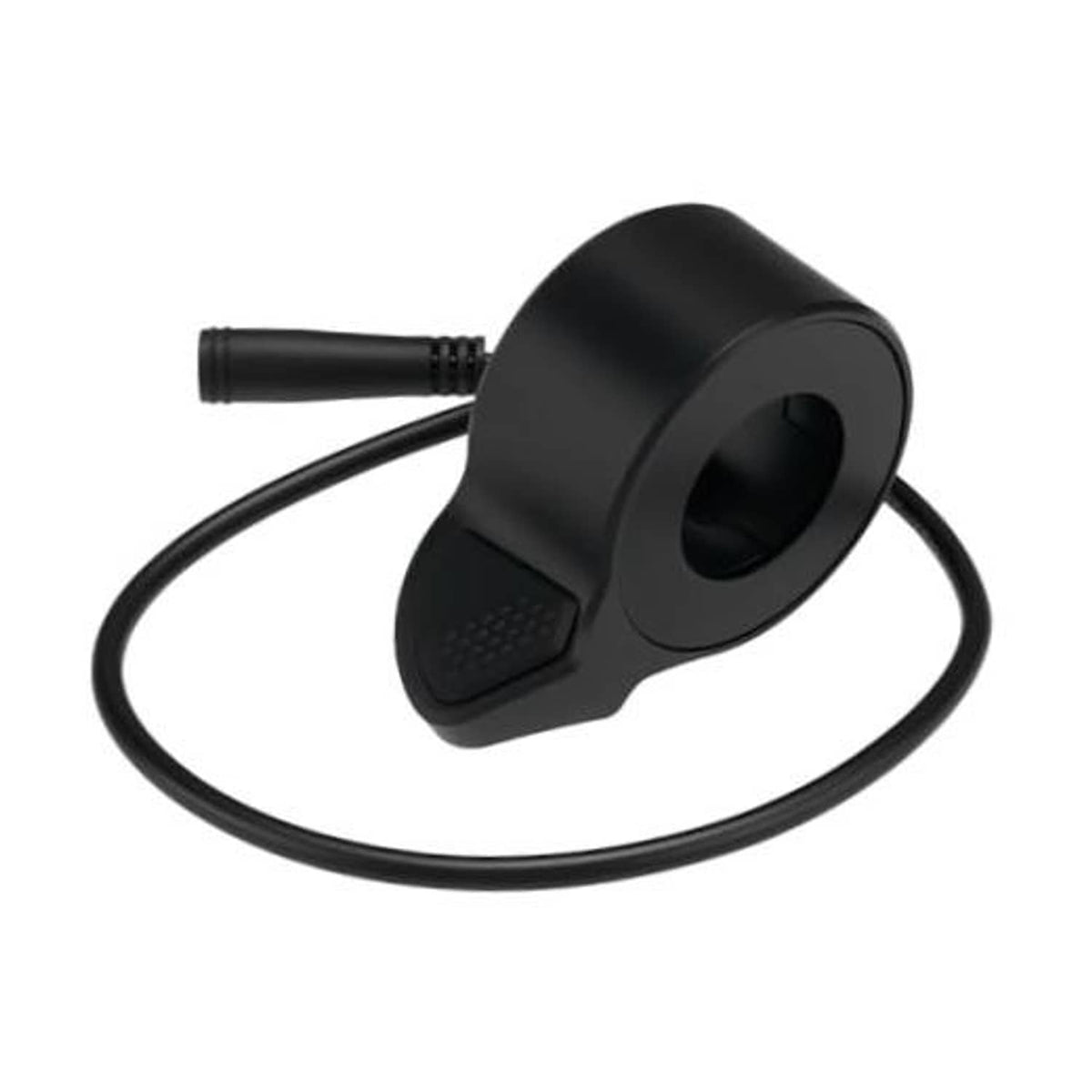 Black electric bike thumb throttle speed control with textured grip pad and wire cable