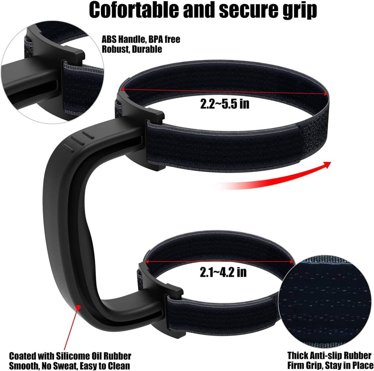Adjustable tumbler grip handle with wide non-slip strap and molded plastic mounting
