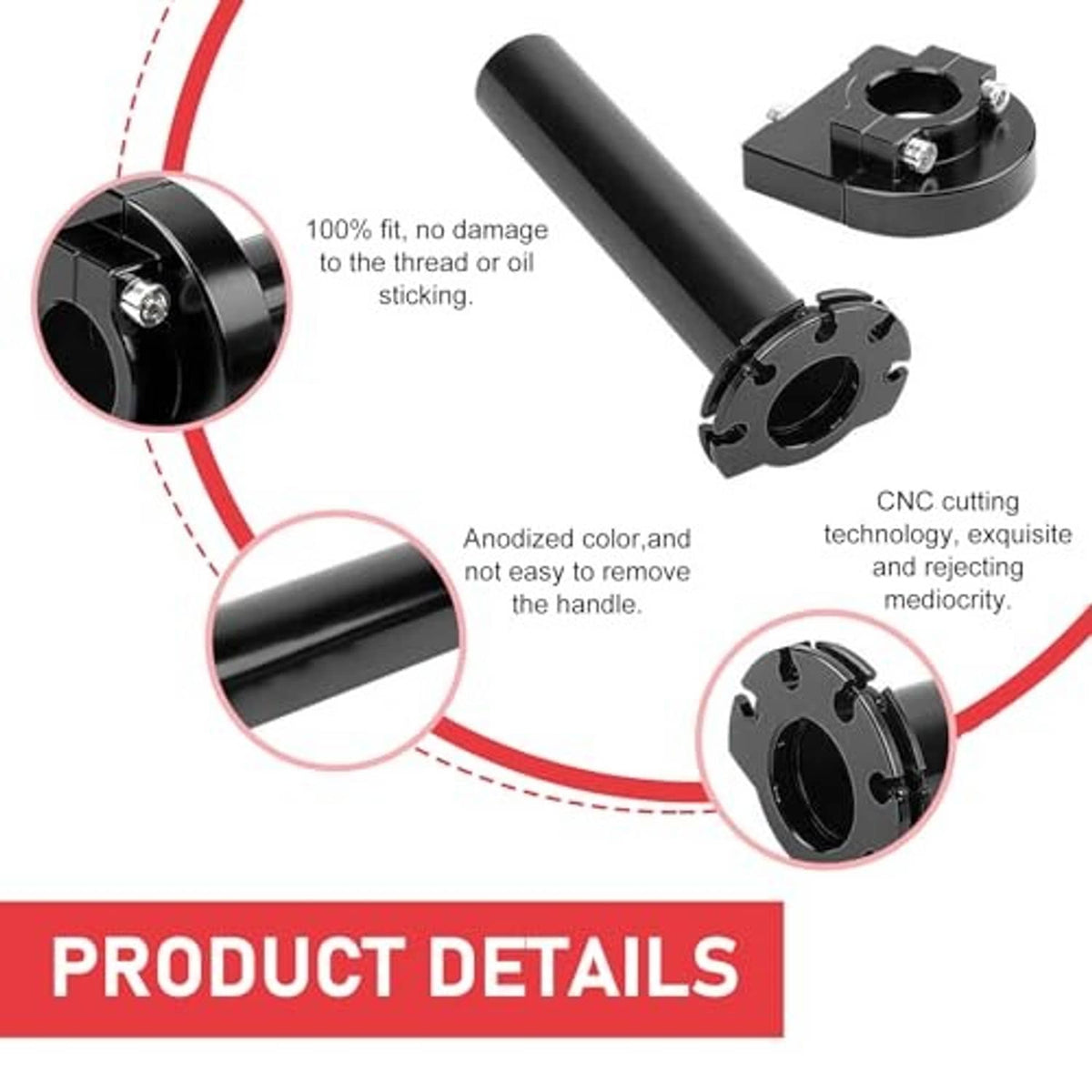 Black quick-throttle handlebar grip with CNC mount plate, with close-up detail of joints