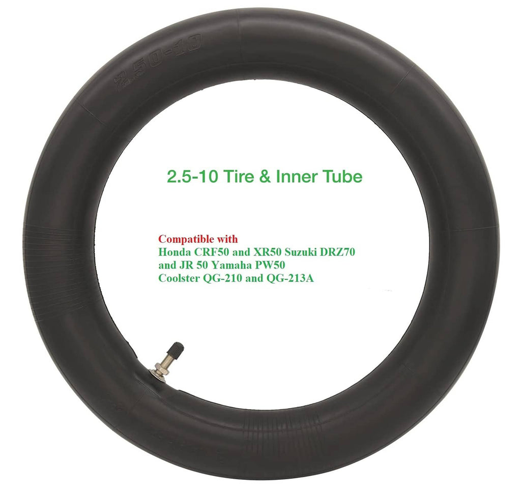 Black 2.50-10 tire and inner tube, round view with metal valve stem
