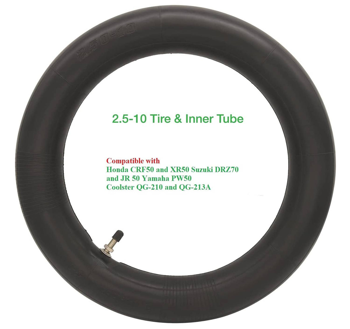 Black 2.50-10 tire and inner tube, round view with metal valve stem