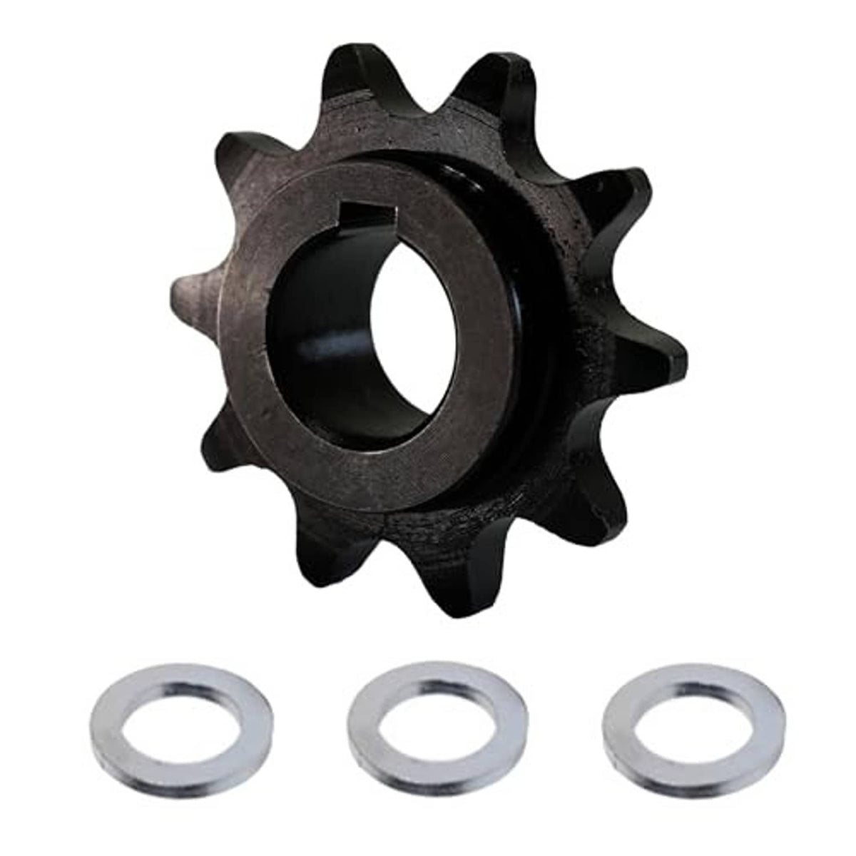 Black 10-tooth sprocket gear with inner bore and three silver spacer washers