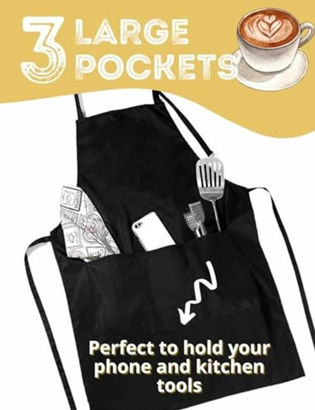Black apron with three front pockets for phone and tools, “THIS GUY makes the best coffee”