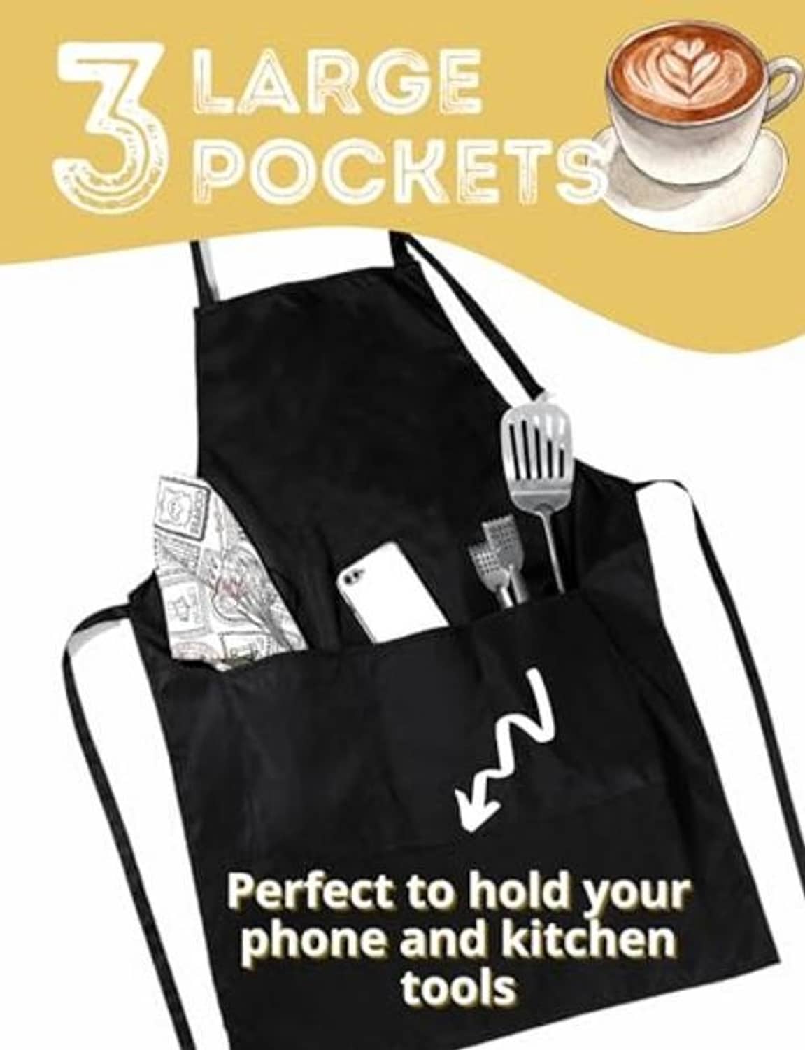 Black apron with three front pockets for phone and tools, “THIS GUY makes the best coffee”