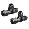 Two-piece black aluminum AN tee fitting with swivel port and threaded side ends