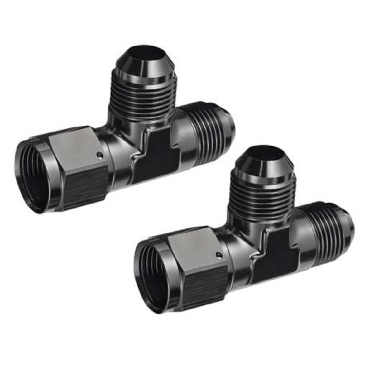 Two-piece black aluminum AN tee fitting with swivel port and threaded side ends