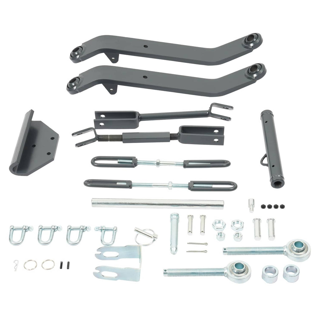 3-point hitch kit parts set with black brackets, pins, bolts, and hardware pieces