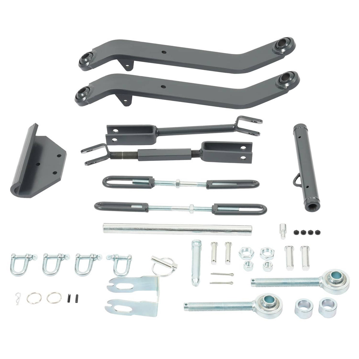 3-point hitch kit parts set with black brackets, pins, bolts, and hardware pieces