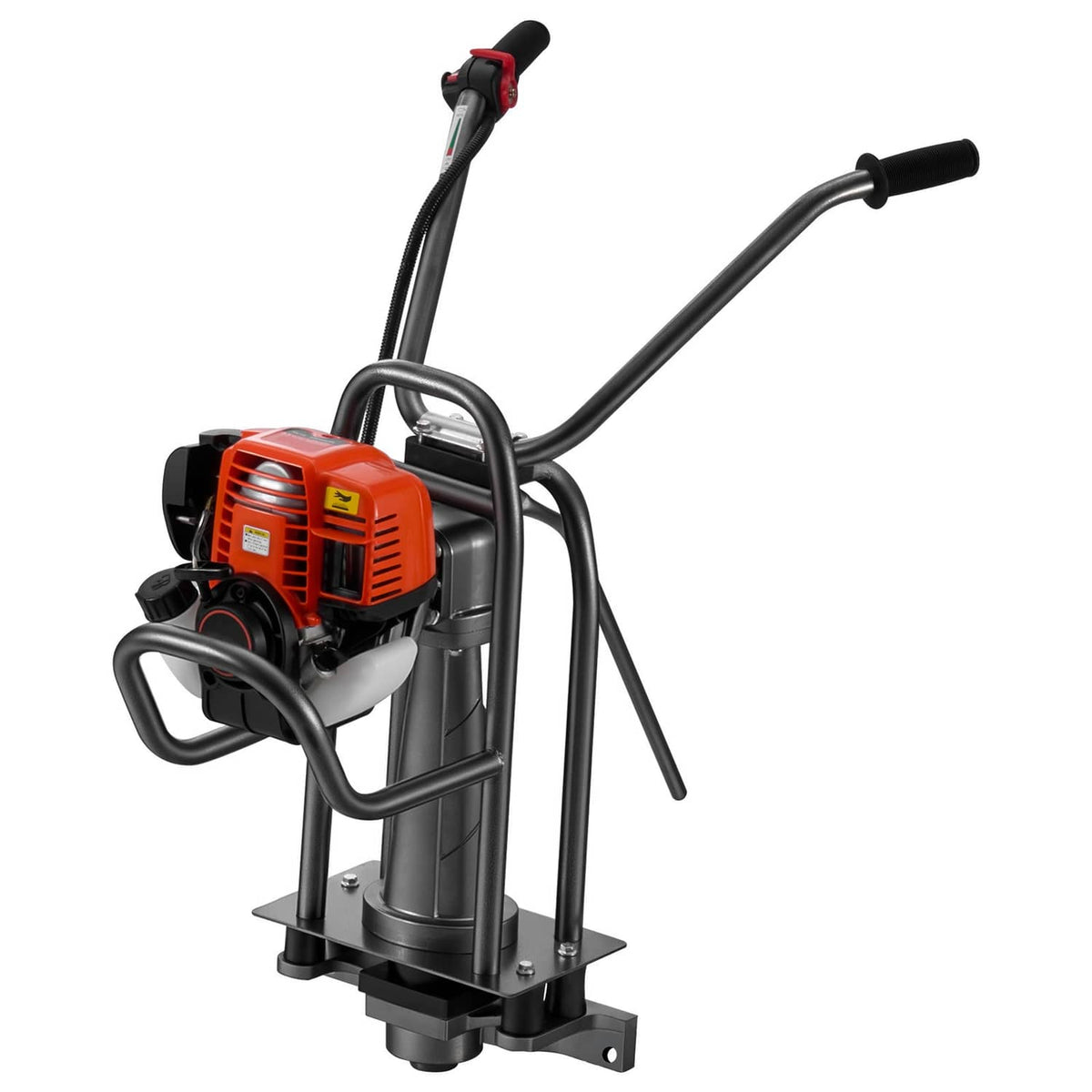 Gas-powered concrete screed machine with orange engine, curved handles, and base mount