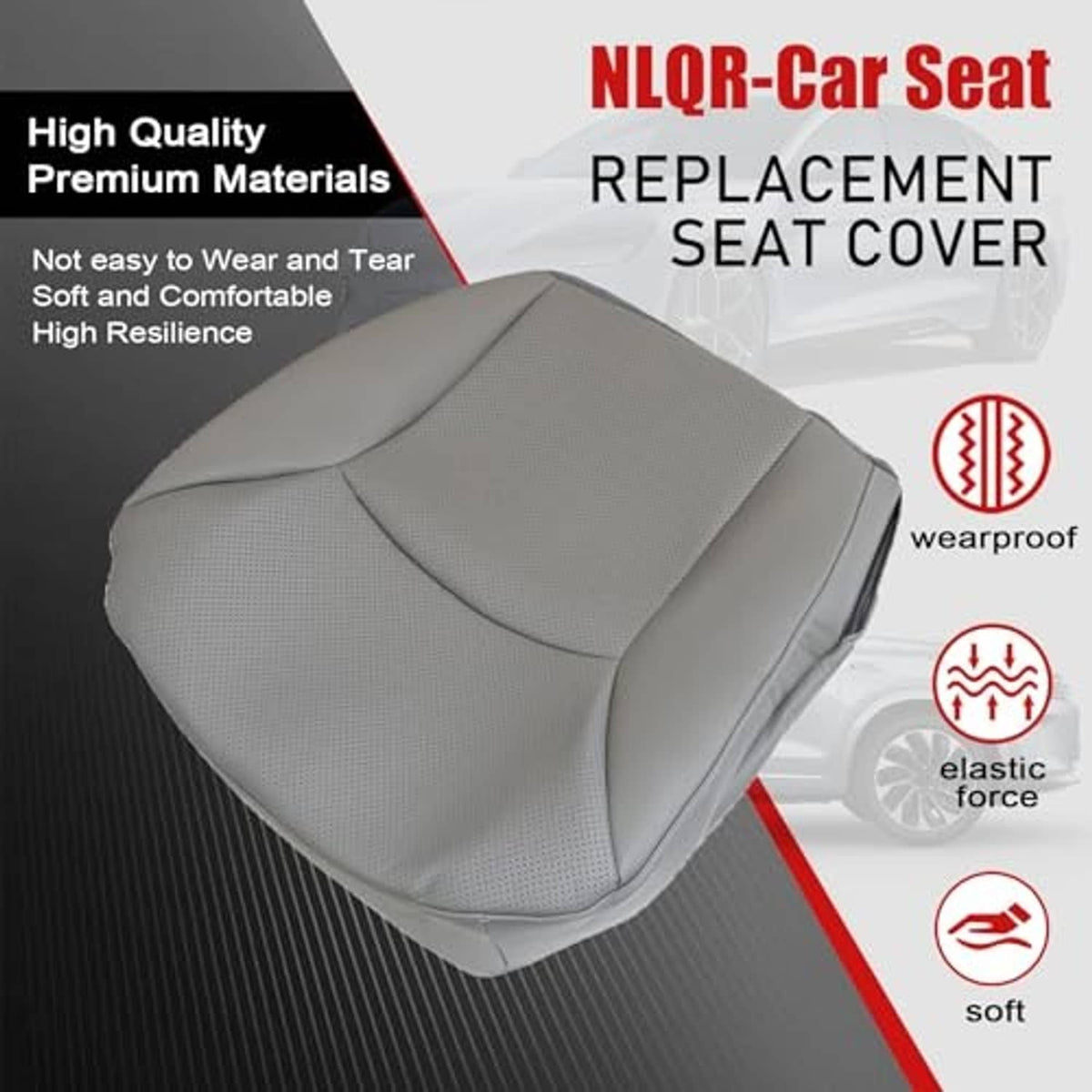 Light gray replacement driver seat cover with contoured shape and stitched trim.
