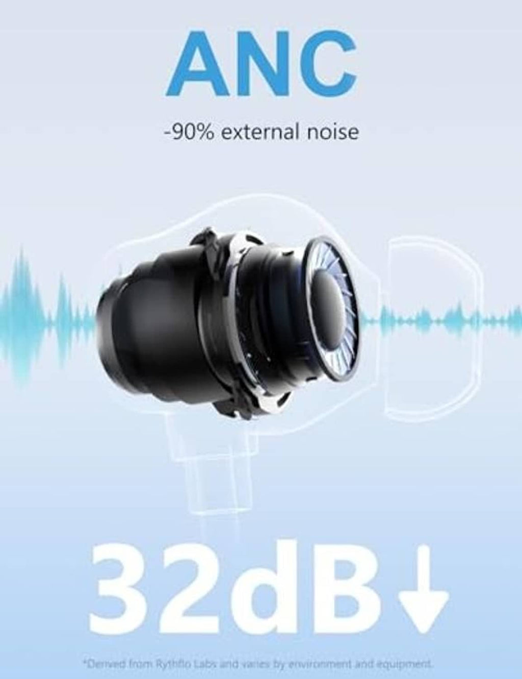 Black wireless earbuds with drivers and ear-shaped sound-wave graphics