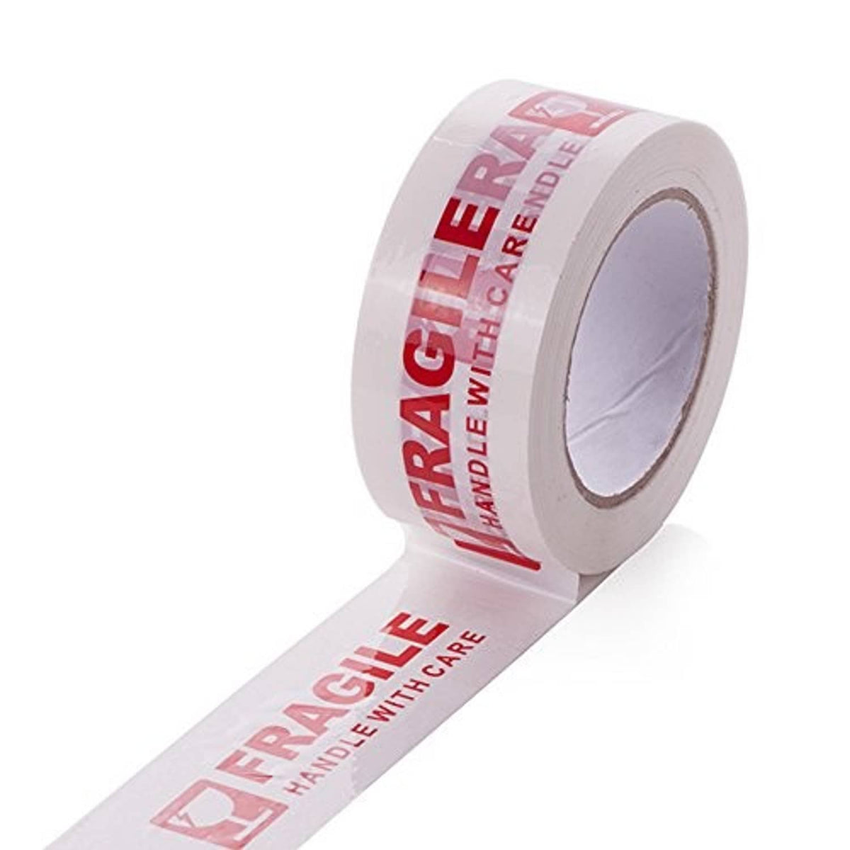 Fragile warning packing tape strip, white with red 'FRAGILE' and 'HANDLE WITH CARE'