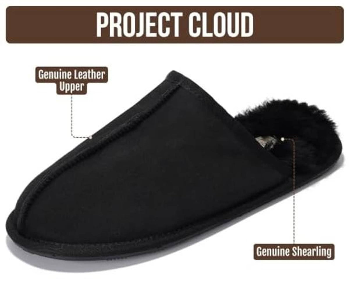 Black suede leather slipper with shearling lining and rounded toe slide opening