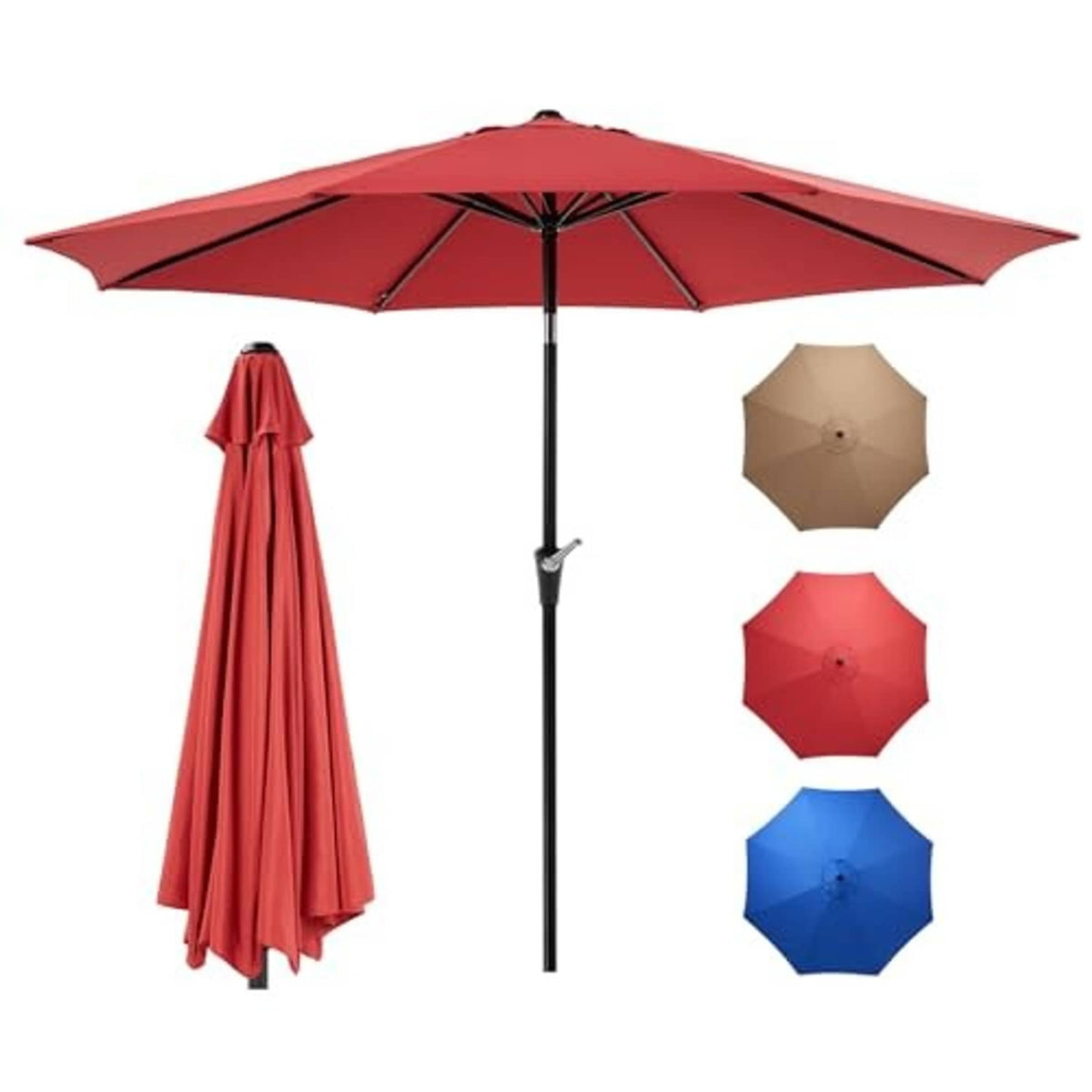 Dark red patio table umbrella with open canopy and adjustable center pole