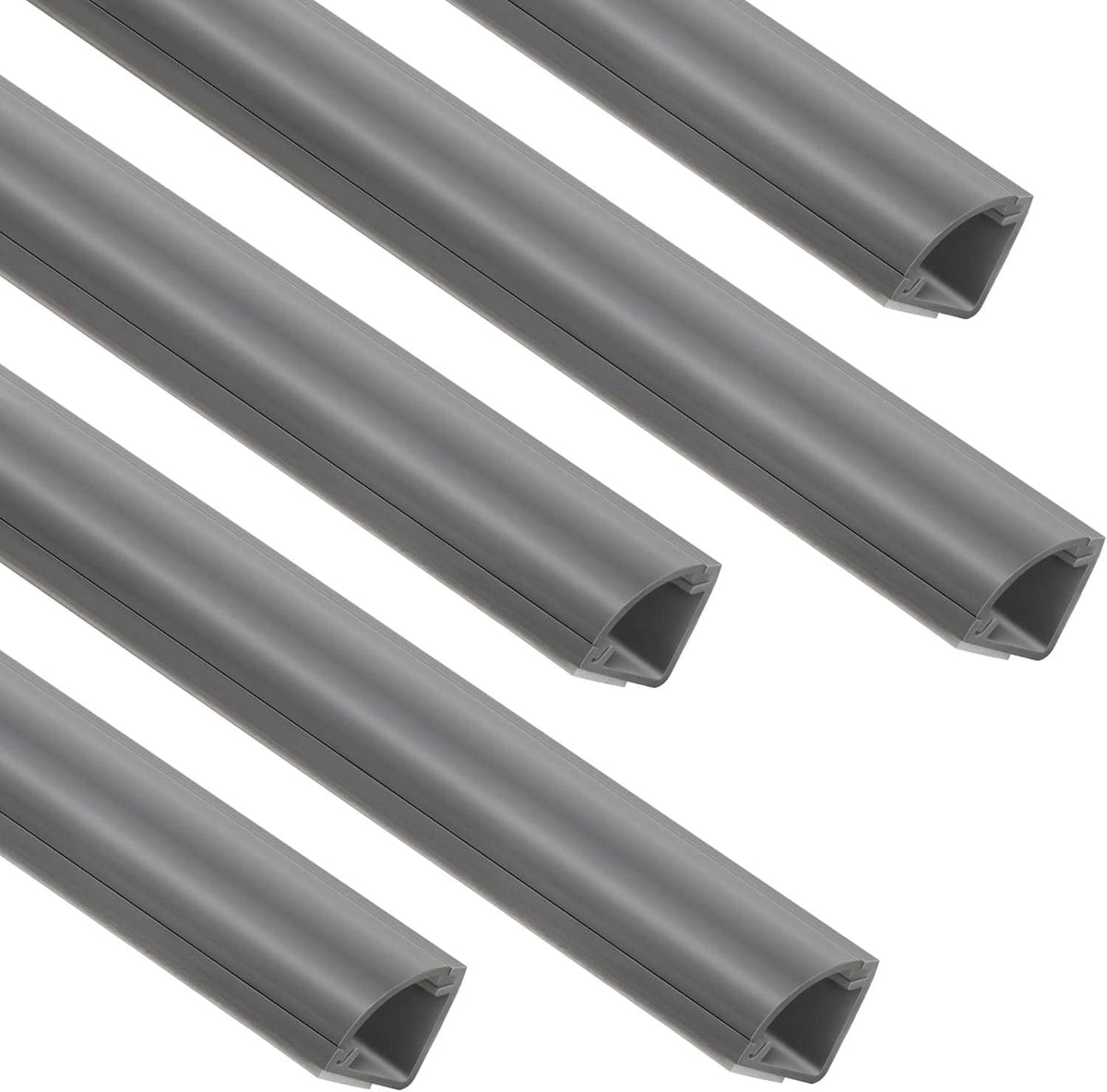 Gray cable concealer corner cover channels, showing the slot and open channel shape.