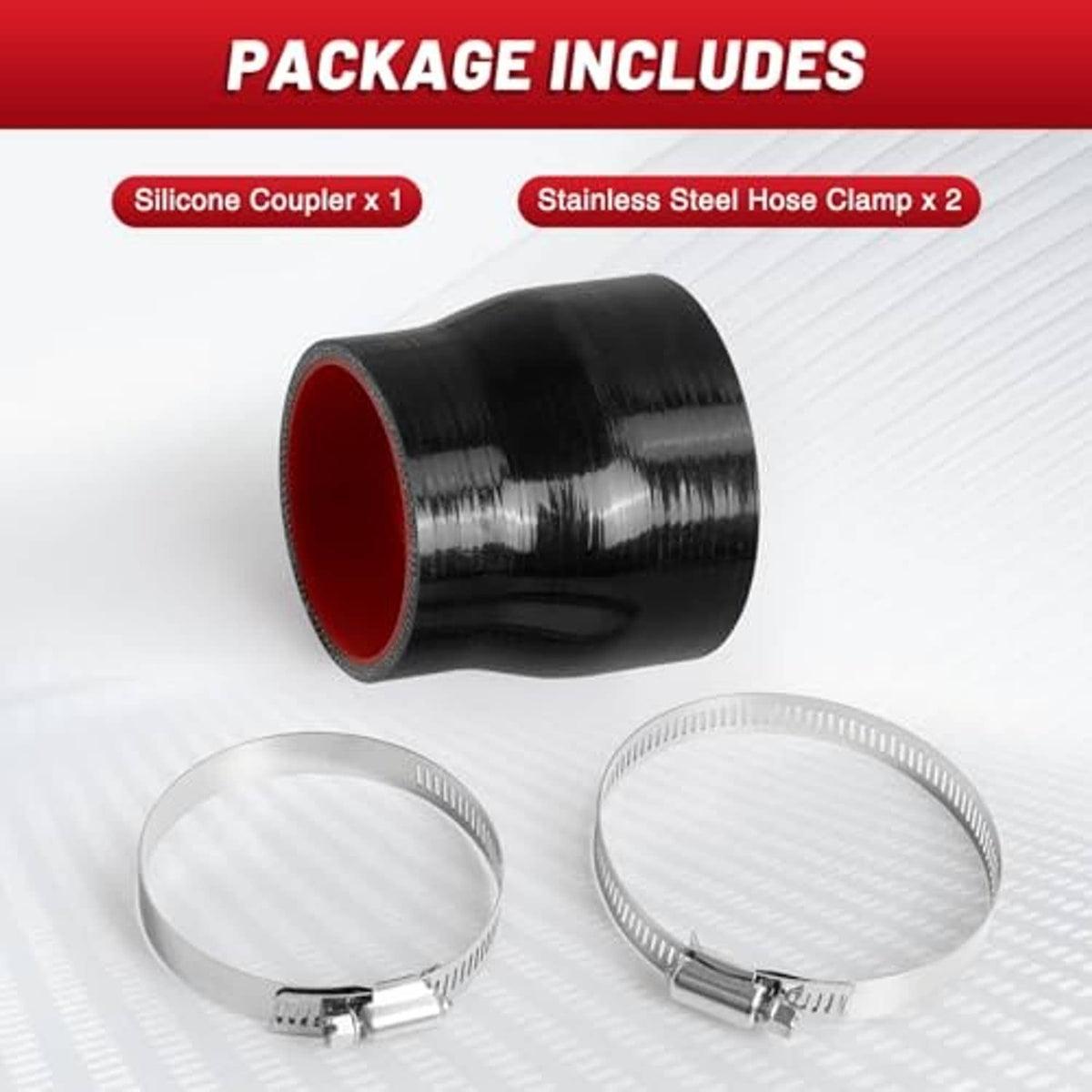 Black silicone coupler with red interior and two stainless steel hose clamps, set