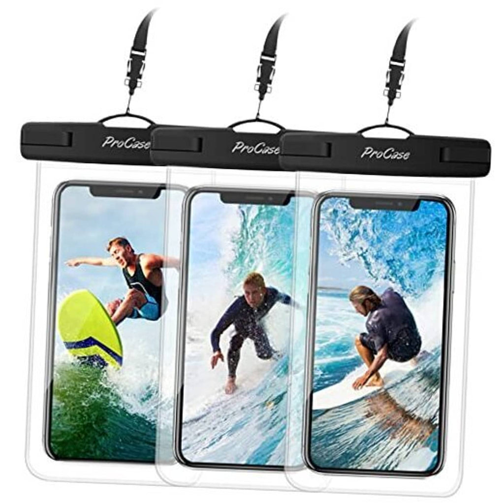 Clear waterproof phone pouch with black strap, showing three phone windows in a row