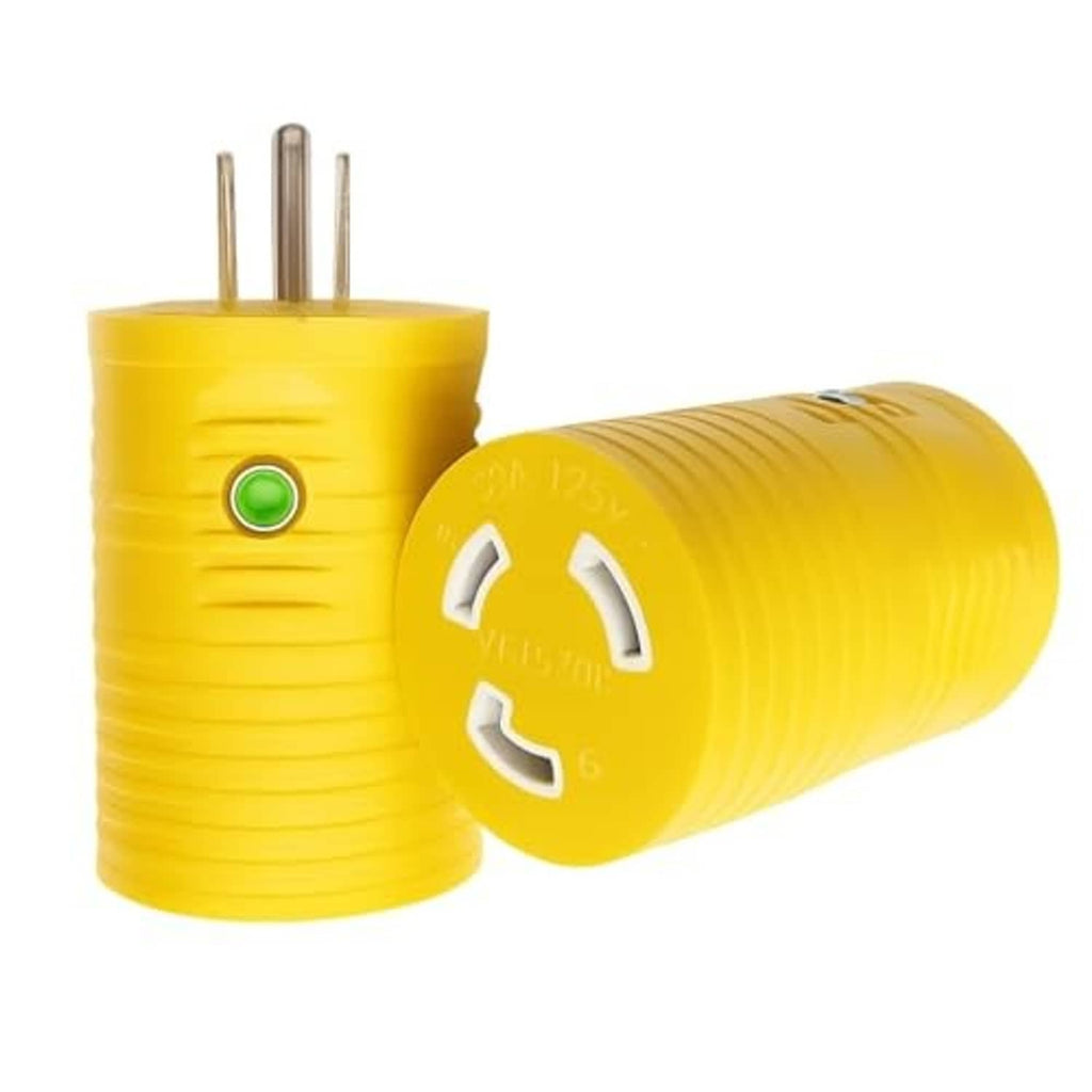 Yellow shore power adapter with twist-lock socket, two male prongs, and green LED light