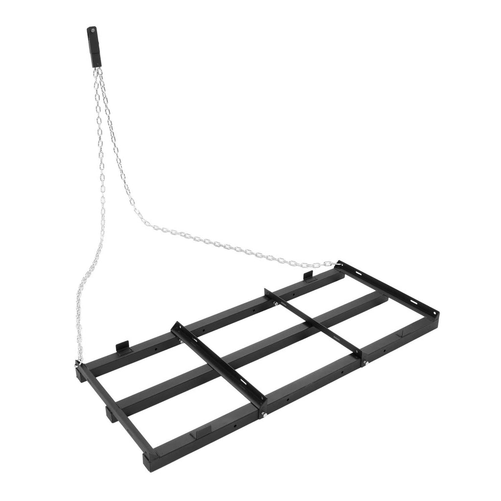 Tow-behind drag harrow grader with black steel frame and connected tow chains