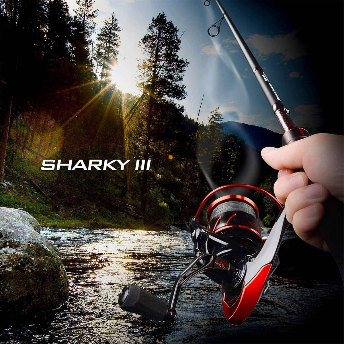 Black and red spinning reel mounted on a fishing rod, viewed outdoors