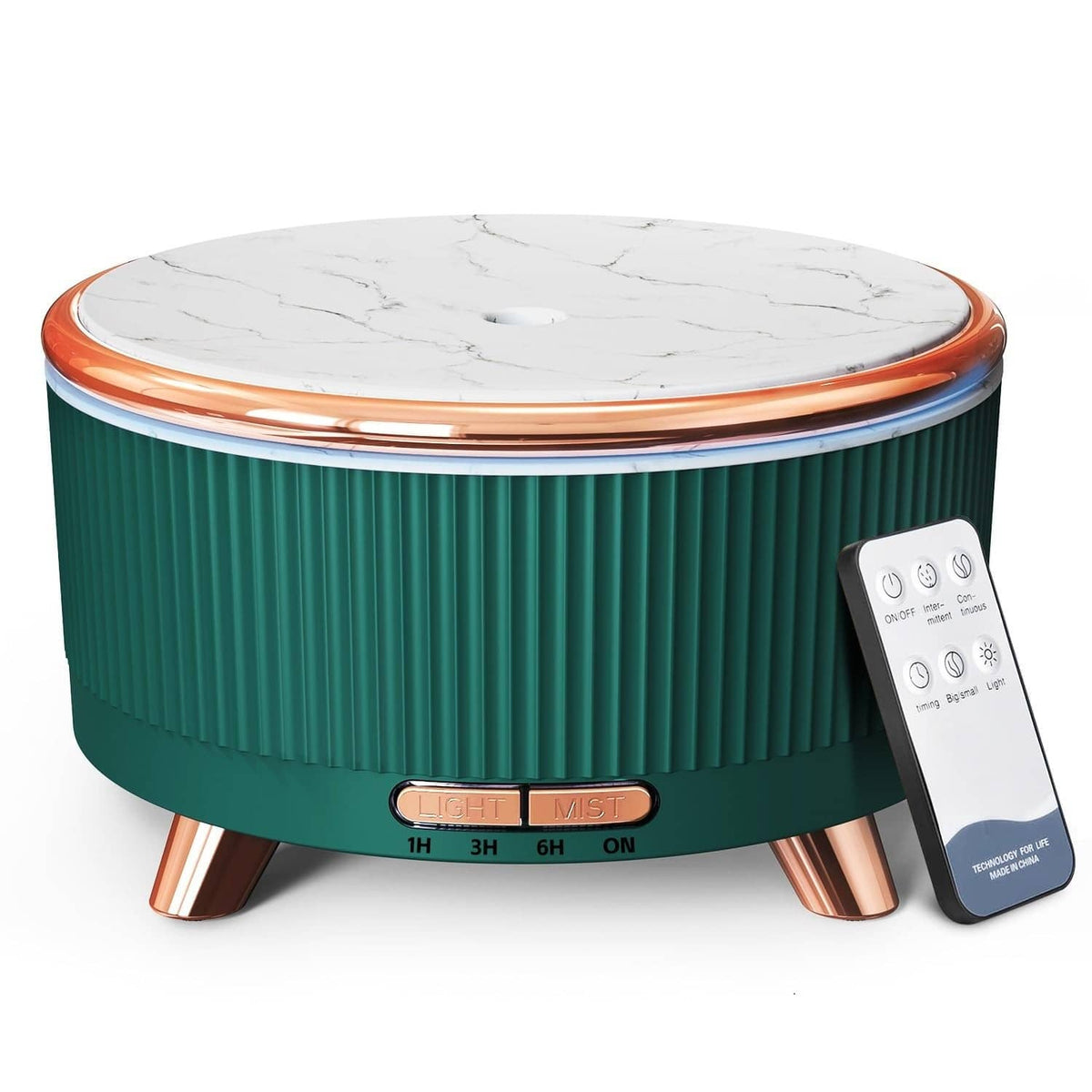 Ultrasonic essential oil diffuser with teal ribbed body, white marble top, mist outlet