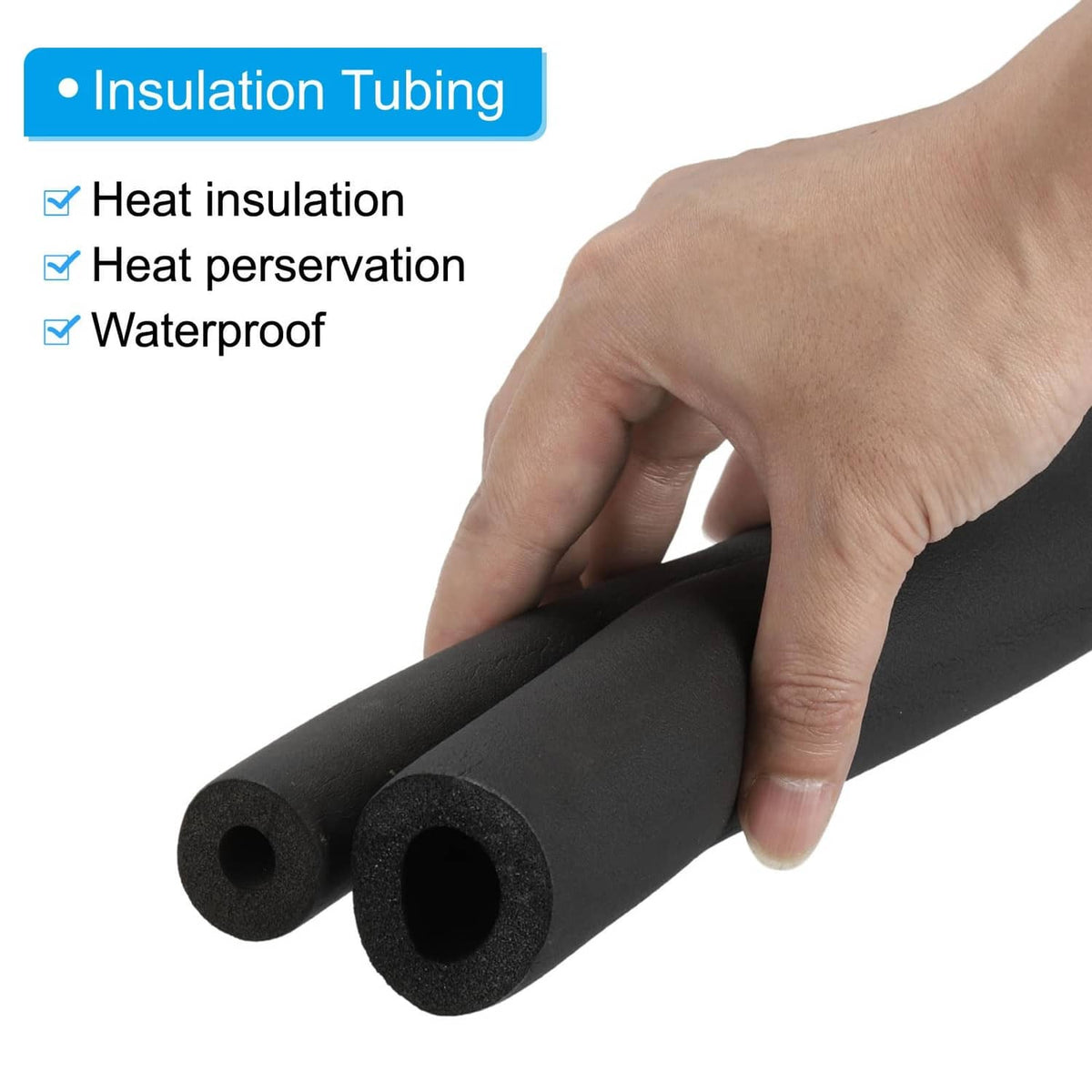 Black pipe insulation foam tubes, held by hand for pipe heat insulation