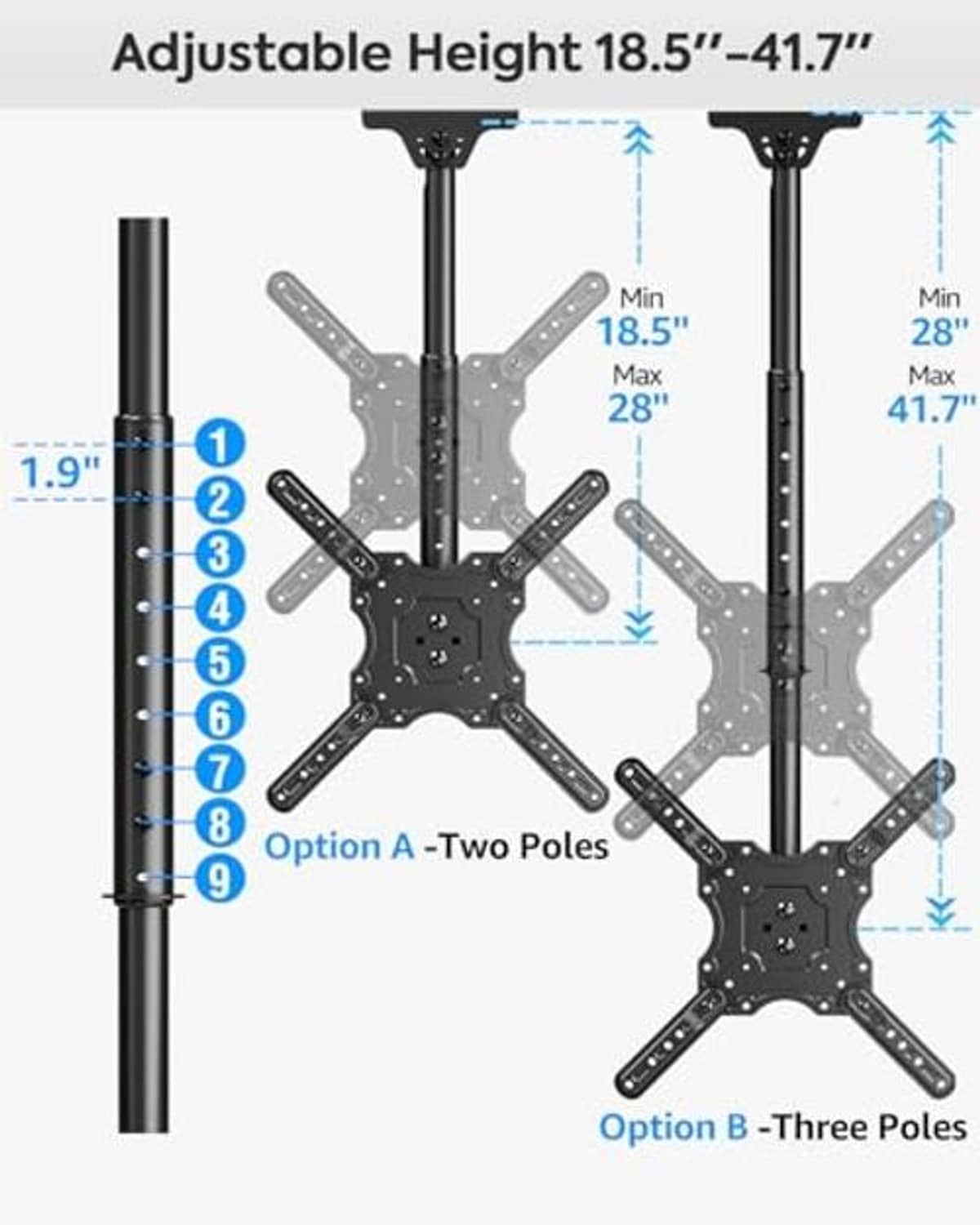 Adjustable-height ceiling TV mount with multi-pole extension and VESA bracket