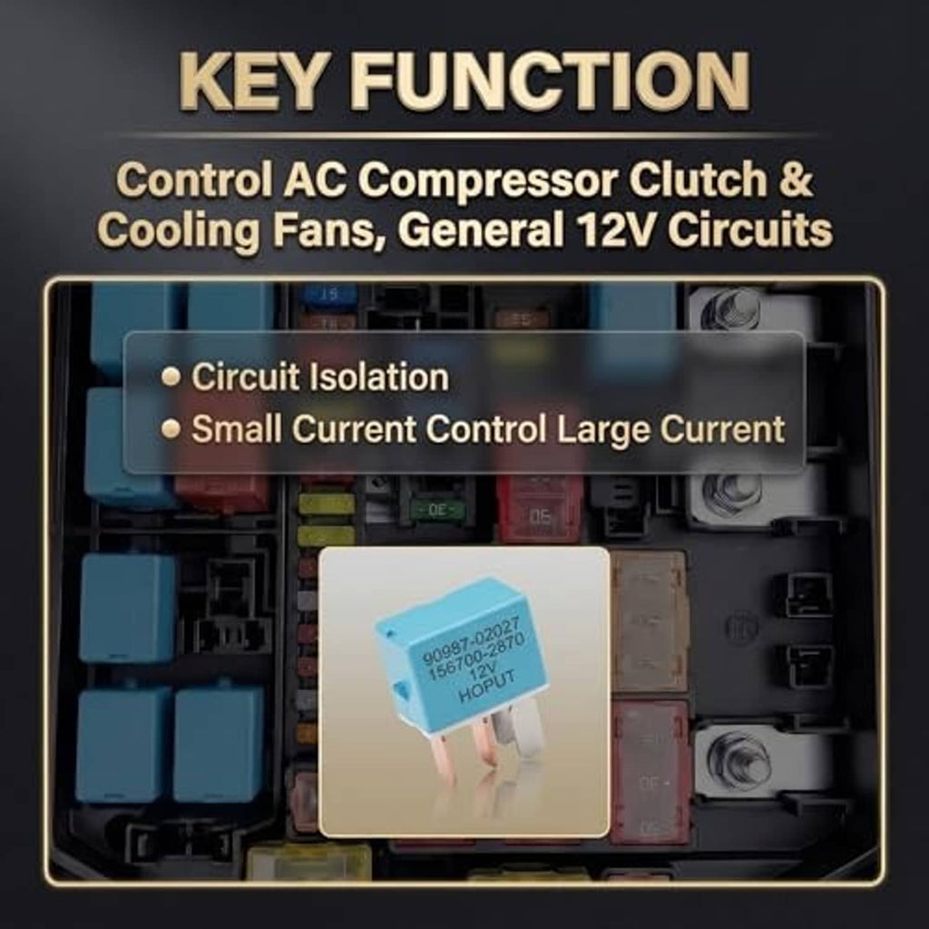Blue 4-pin AC relay centered in a fuse box panel with surrounding parts