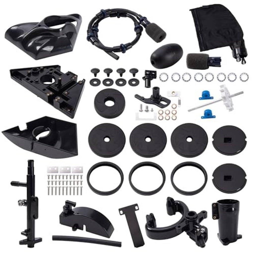 Pool vacuum head tune-up kit parts, including hoses, wheels, rings, brushes, and fasteners