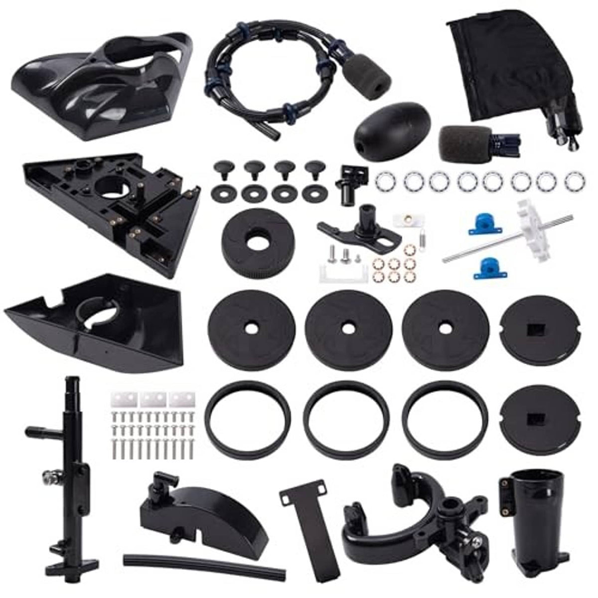 Pool vacuum head tune-up kit parts, including hoses, wheels, rings, brushes, and fasteners