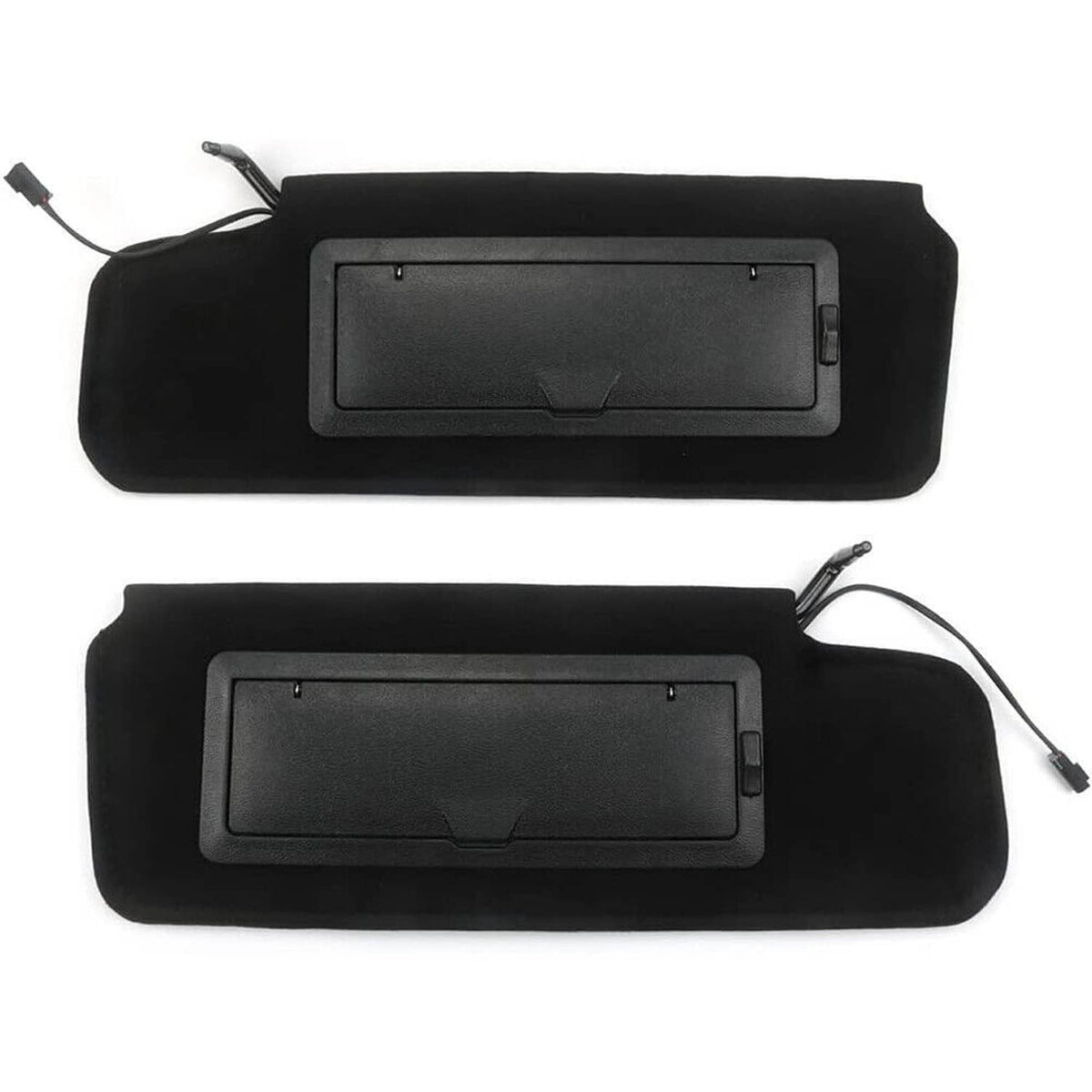 Pair of black sun visors with built-in vanity mirror and LED light, shown open.