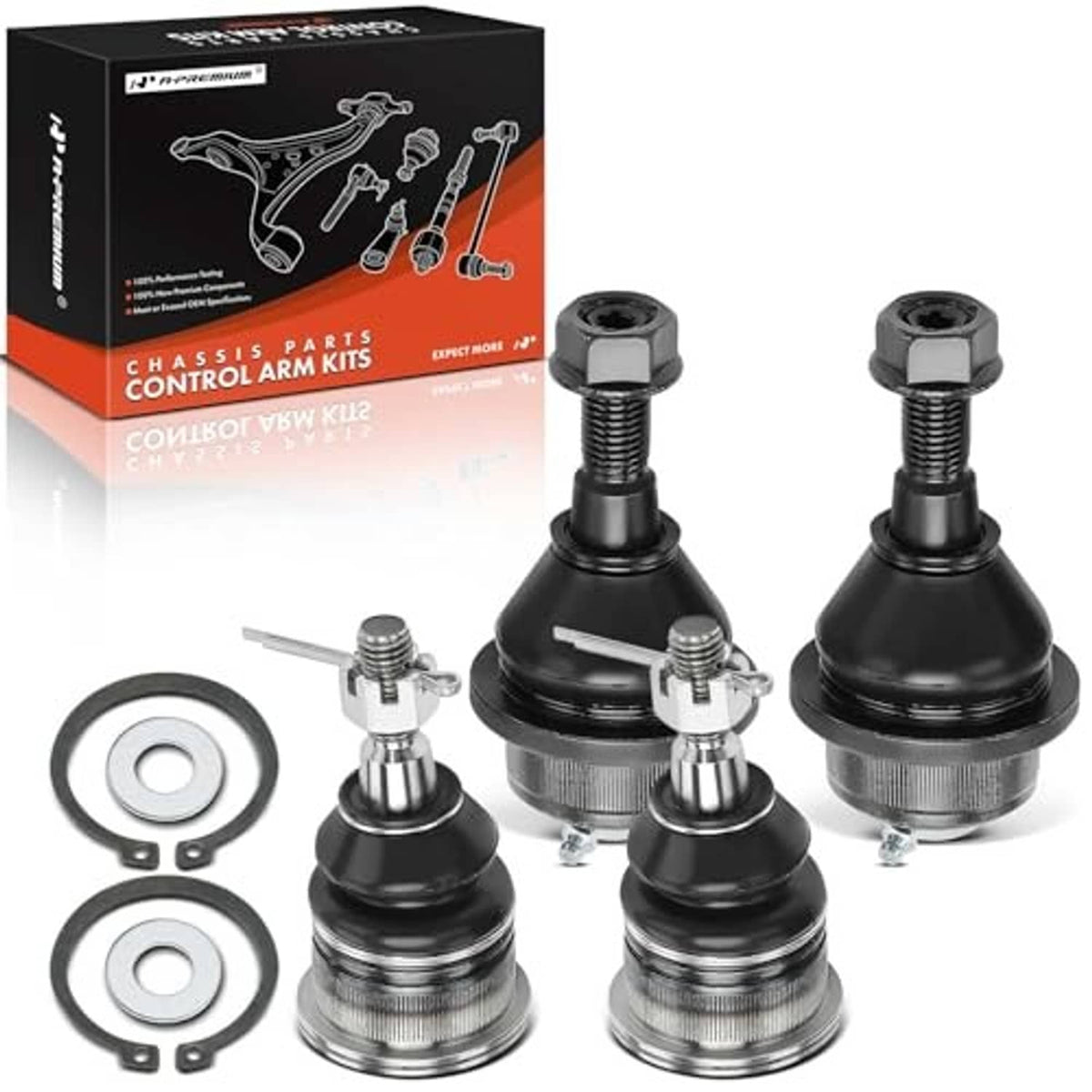 Front ball joint set of 4: upper and lower, black boots with silver metal bases