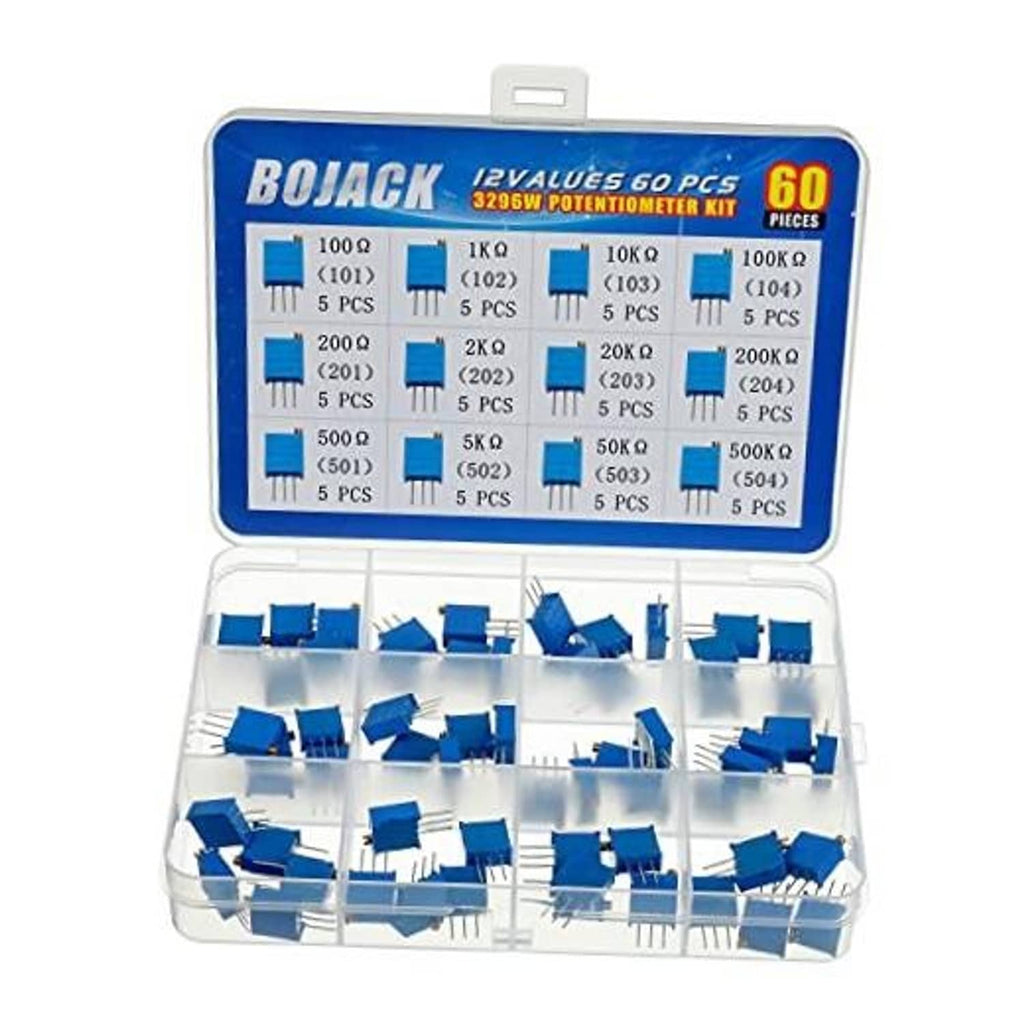 BOJACK 12-values potentiometer kit with 60 multiturn resistors in blue organizer case