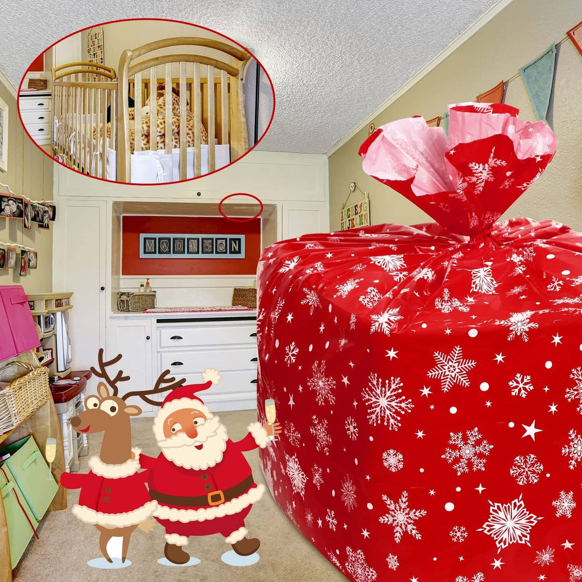 Red Christmas tree storage bag with white snowflakes, large tied sack shape for tree storage.