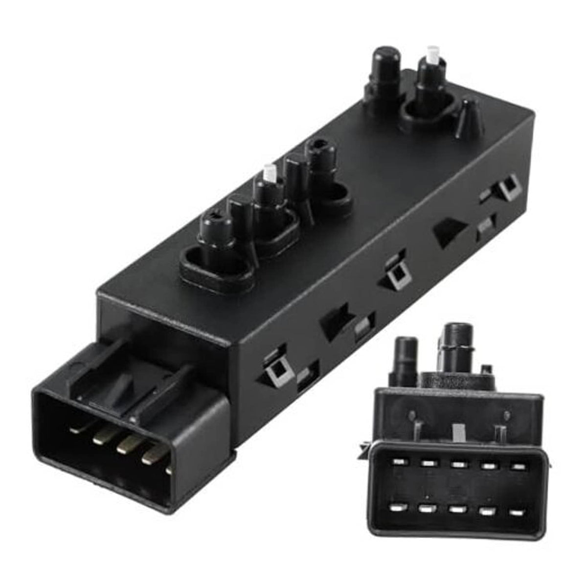 Power seat adjuster switch module with connector ports, black plastic housing