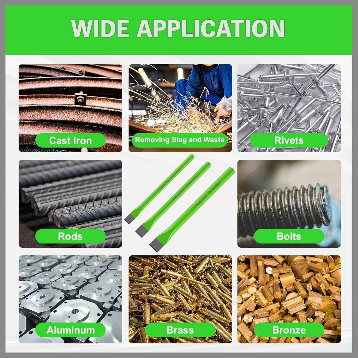Green cold chisel set application graphic with labeled material categories