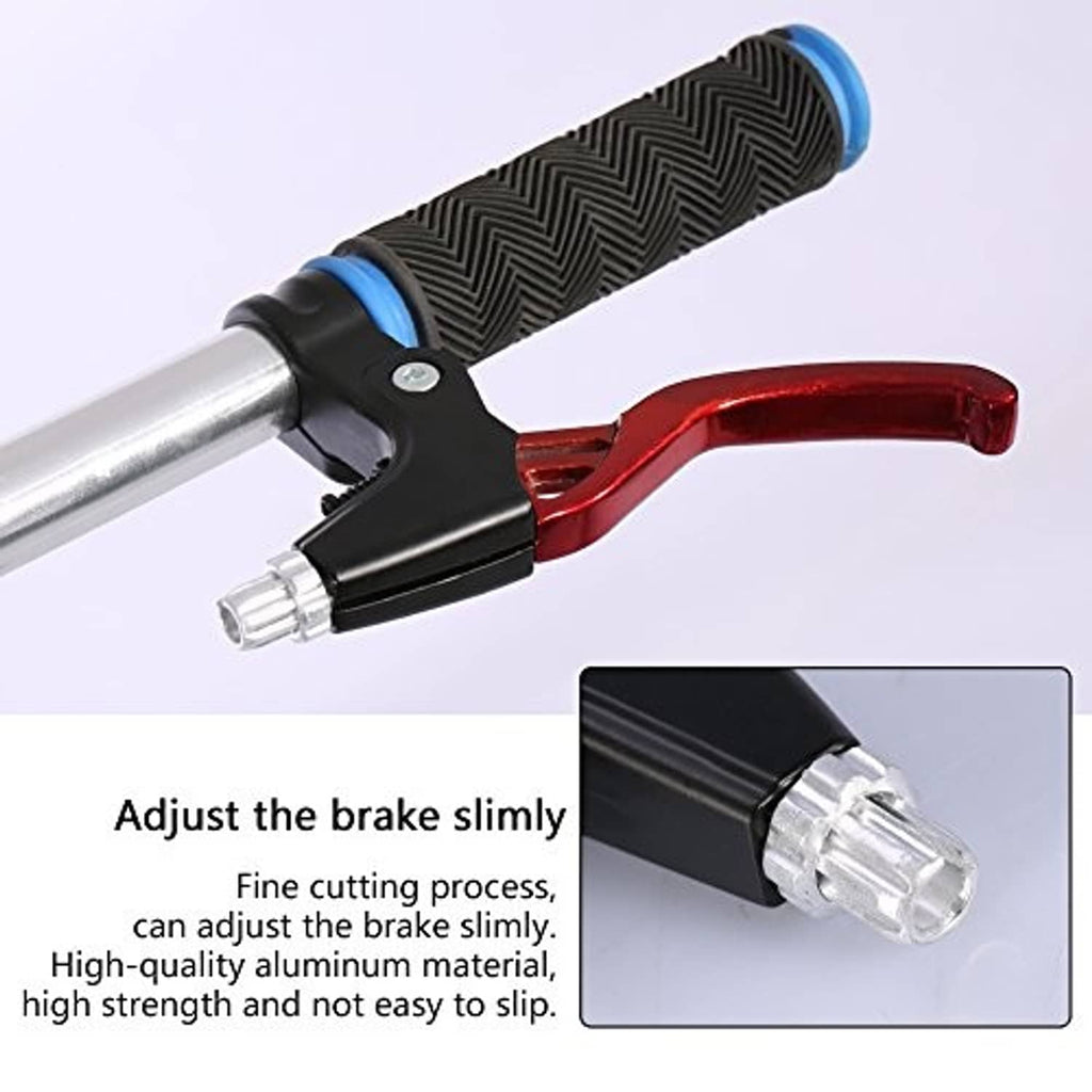 Bicycle brake lever on handlebar with red arm, black body, and blue grip