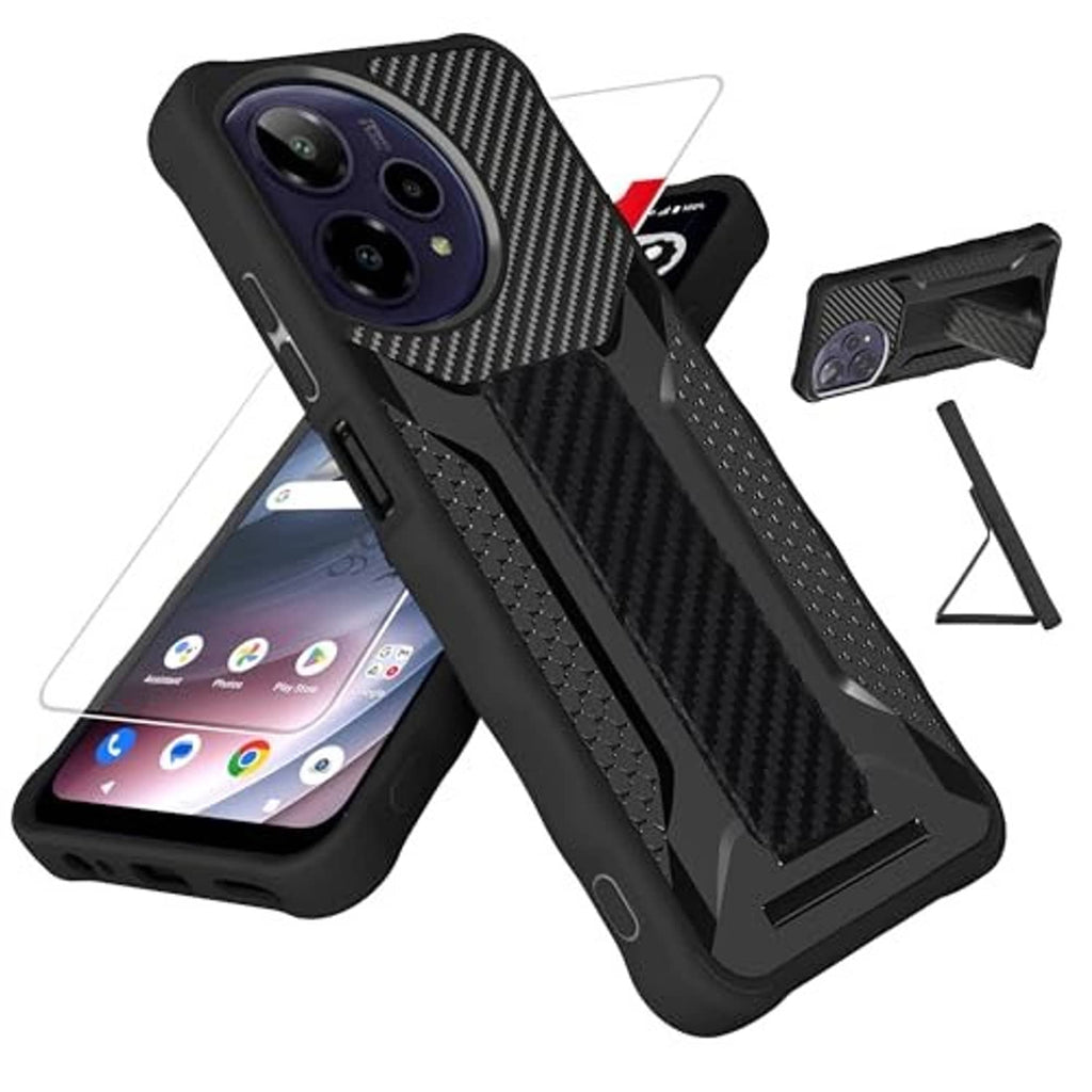 Black phone case with carbon-fiber texture and raised camera lip for protection