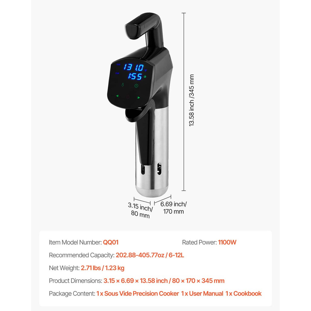 Black and stainless steel sous vide precision cooker with LED screen and mounting clip