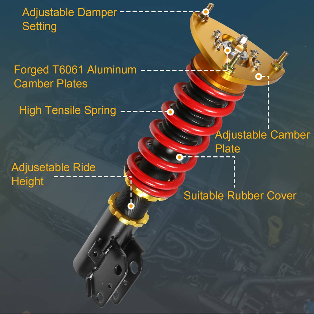Coilover strut with red spring and gold camber plate, adjustable damper and black base