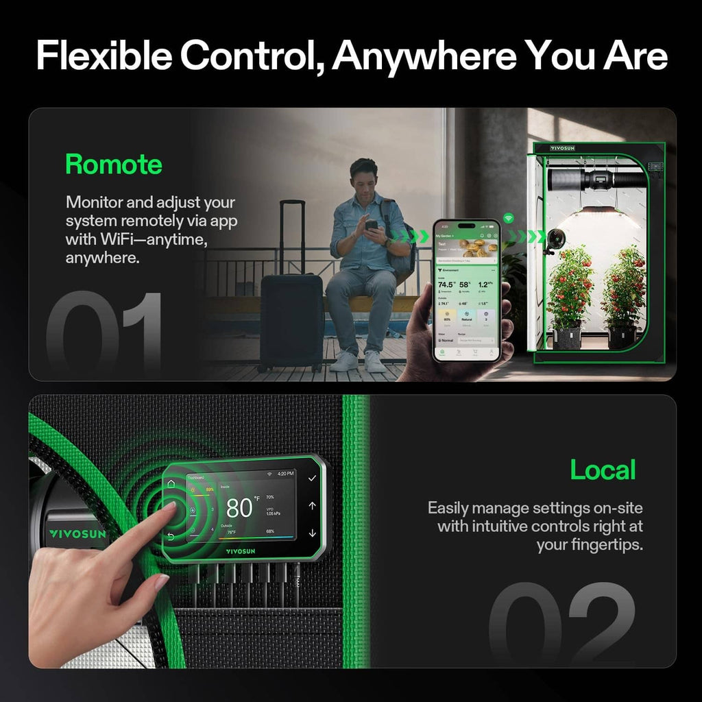 Black grow tent controller with color screen showing settings and wired ports