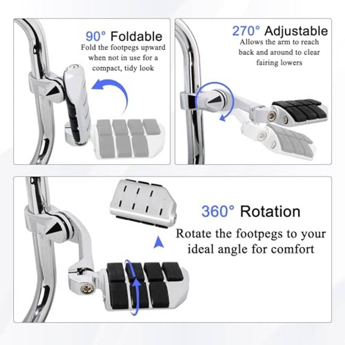 Adjustable foldable chrome foot pegs with black rubber block pads and pivoting arms